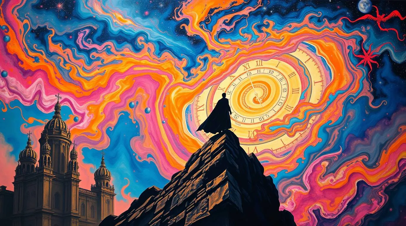 A cloaked figure on a peak framed by a great clock face and swirling cosmos.