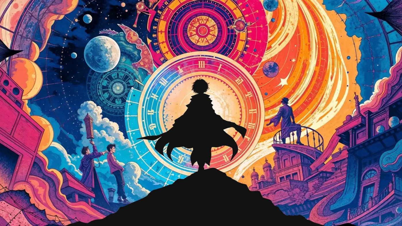 A silhouette crowned by a stained-glass clock, towers and planets blazing in technicolor.